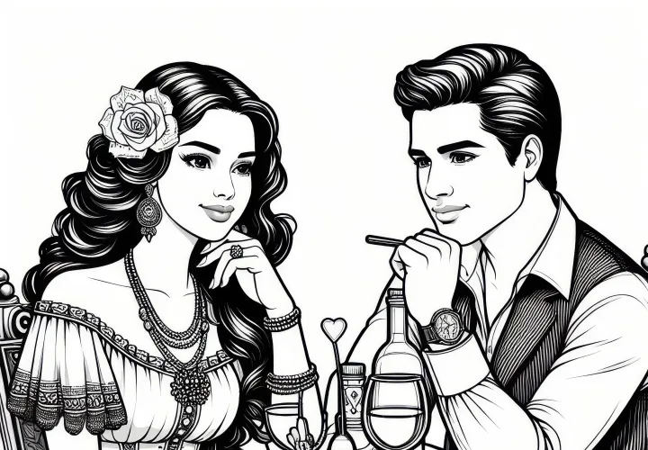 Couple at the table in the restaurant for Valentine's Day: Coloring picture for download (Free)