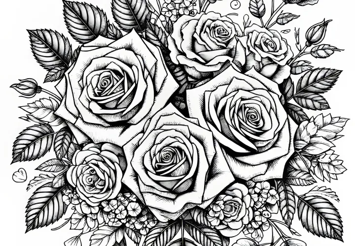 Gorgeous bouquet of roses: Valentine's Day coloring page (free)