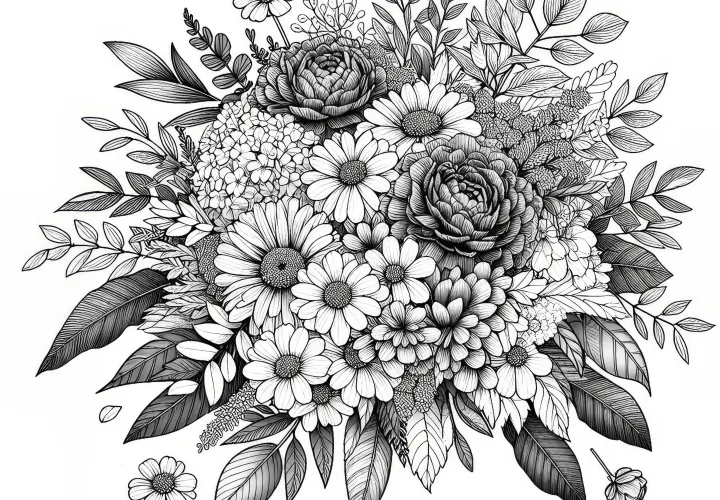 Large flower bouquet for Valentine's Day: Coloring page free for download