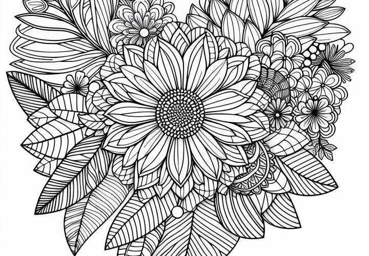 Download a heart-shaped blossom for Valentine's Day: coloring page available for free