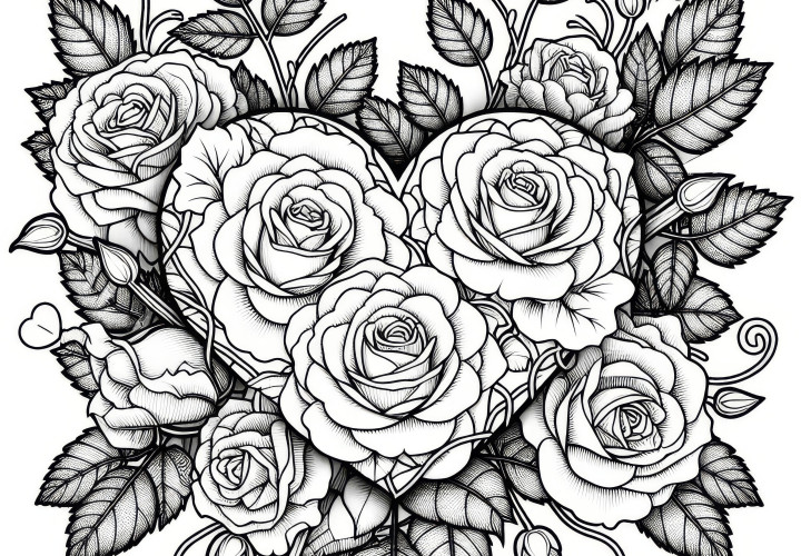 Heart decorated with roses: Coloring page for Valentine's Day (Free)