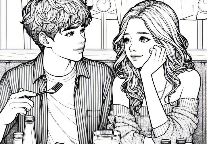 Couple in the restaurant at the table: Valentine's Day coloring sheet (Free)