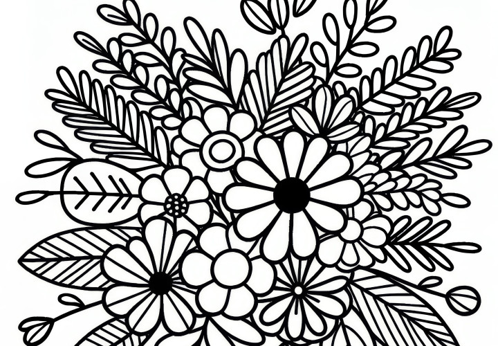 Large bouquet of flowers for Valentine's Day: Simple coloring page for download (Free)