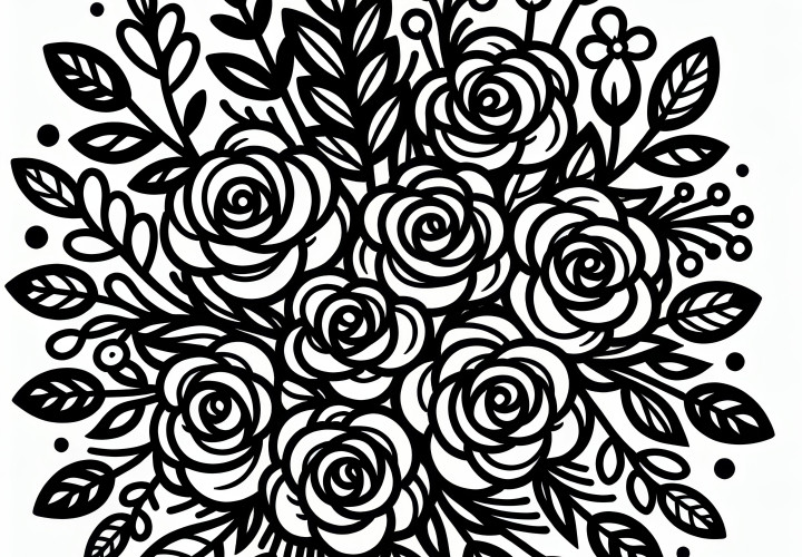 Bouquet of many roses: Coloring picture for Valentine's Day (Free)