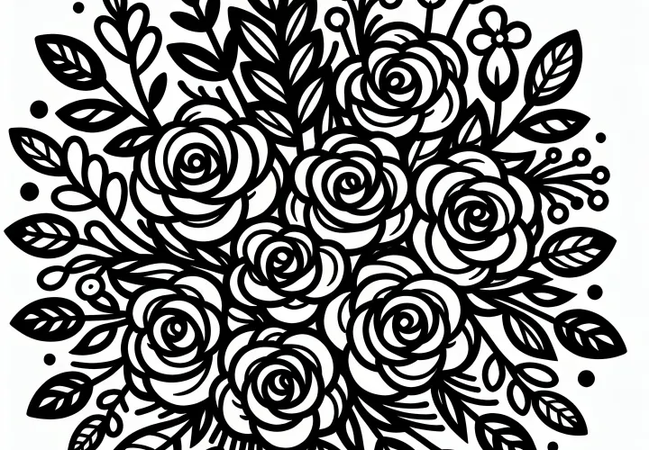 Bouquet of many roses: Coloring picture for Valentine's Day (Free)