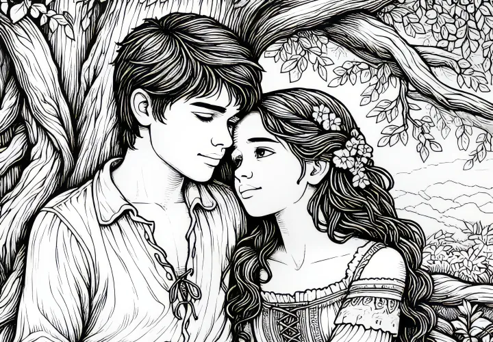 Loving couple under a tree: Valentine's Day coloring page (free)