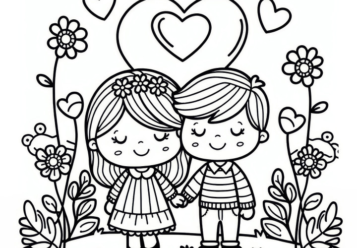 Pareja enamorada bajo un corazón para el Día de San Valentín: Plantilla de colorear sencilla para niños (Gratis)