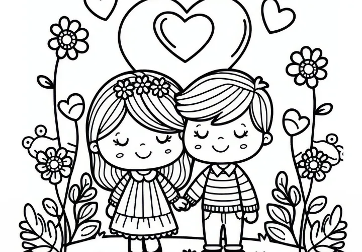 Pasangan yang sedang jatuh cinta di bawah hati untuk Hari Valentine: Contoh mewarnai sederhana untuk anak-anak (Gratis)