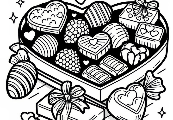 Chocolates in heart-shaped box: Simple coloring page for Valentine's Day (Free)