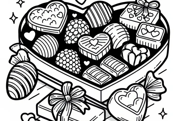 Chocolates in heart-shaped box: Simple coloring page for Valentine's Day (Free)