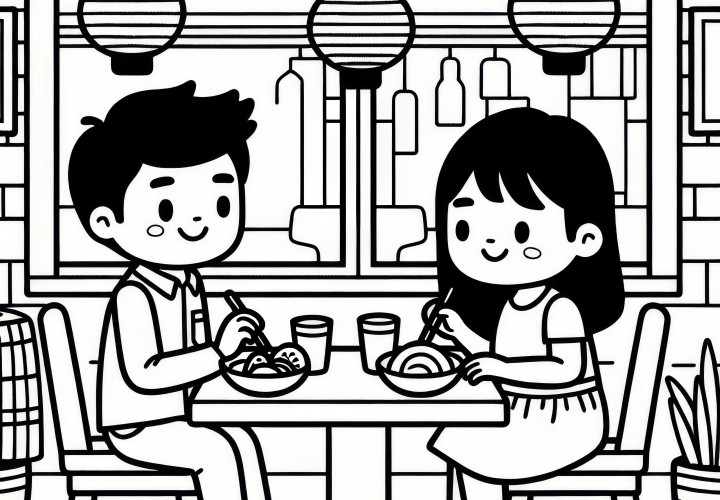 Pasangan lucu di restoran untuk Hari Valentine: Unduh pola warna sederhana (Gratis)