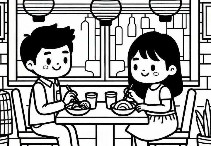 Cute couple in the restaurant on Valentine's Day: Simple coloring template for download (Free)