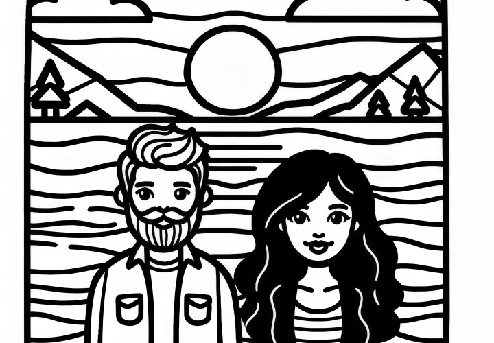 Couple at sunset by the lake: Coloring picture for Valentine's Day (Free)