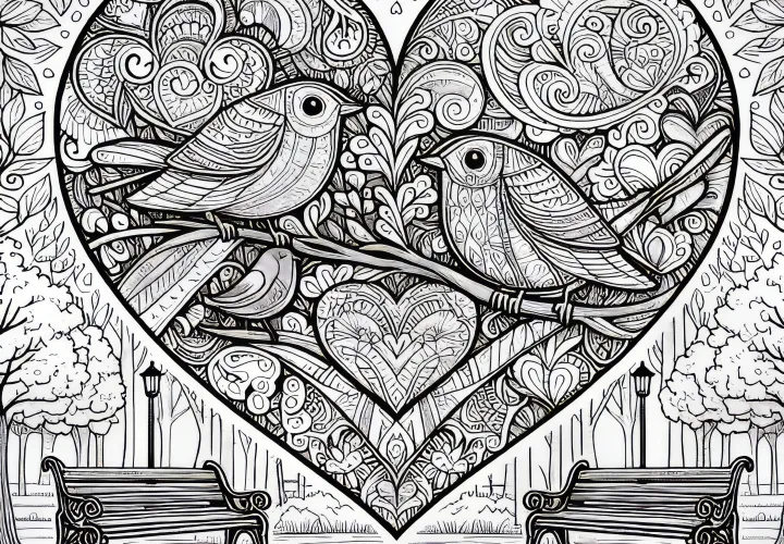 Big heart with birds in the park: Valentine's Day coloring page (Free)