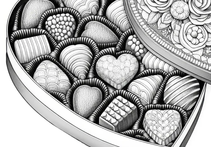 Elaborate chocolates in heart-shaped box: coloring page for Valentine's Day (Free)