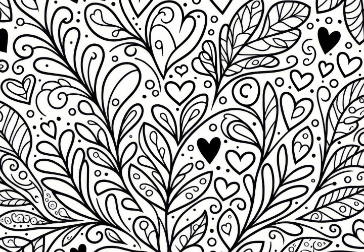 Floral pattern made of hearts for Valentine's Day: Coloring template for download (Free)