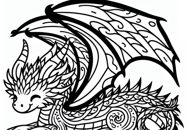 Grand dragon aux ailes déployées: Simple coloriage (Gratuit)