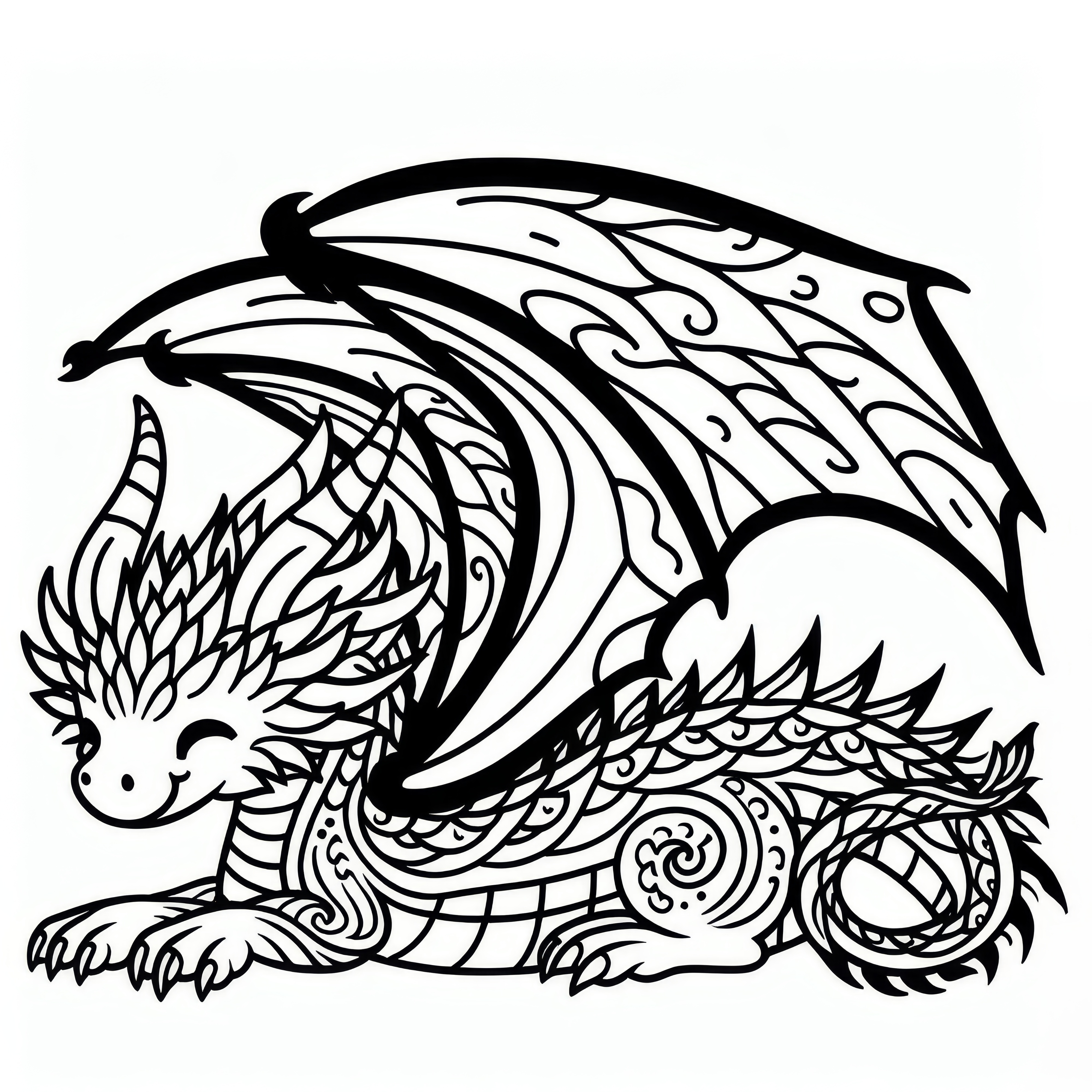 Grand dragon aux ailes déployées : Modèle de coloriage simple (Gratuit)