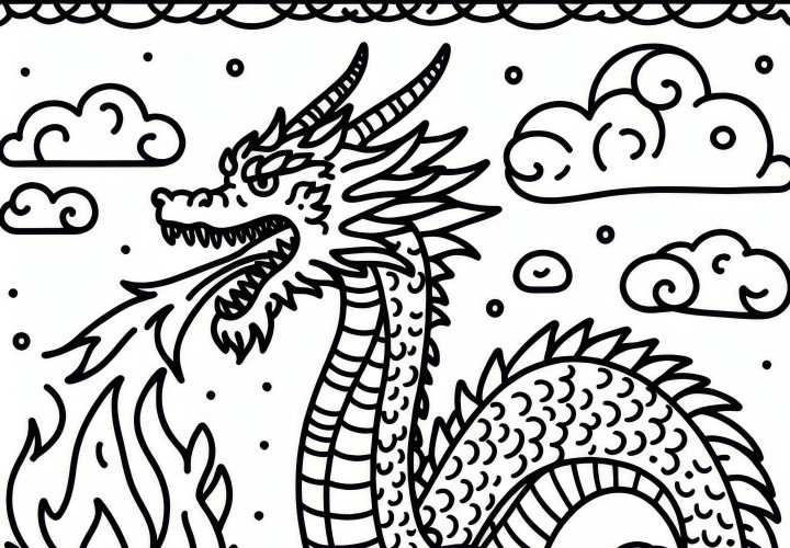 Grand dragon cracheur de feu : Coloriage simple (gratuit)