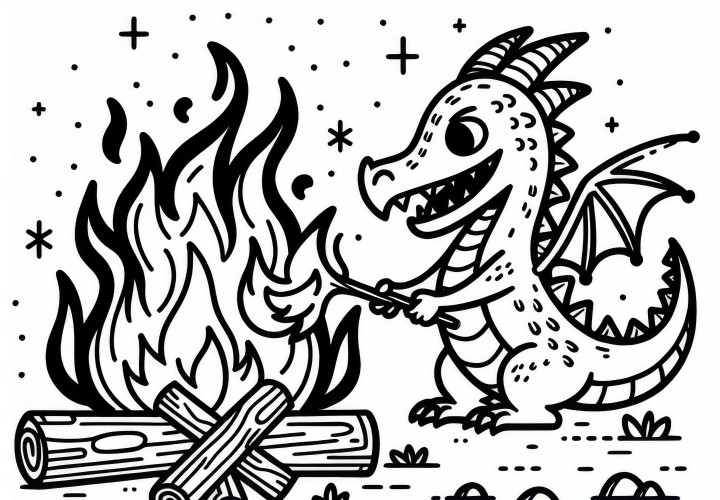 Dragon allume un feu de camp: Modèle de coloriage simple (Gratuit)