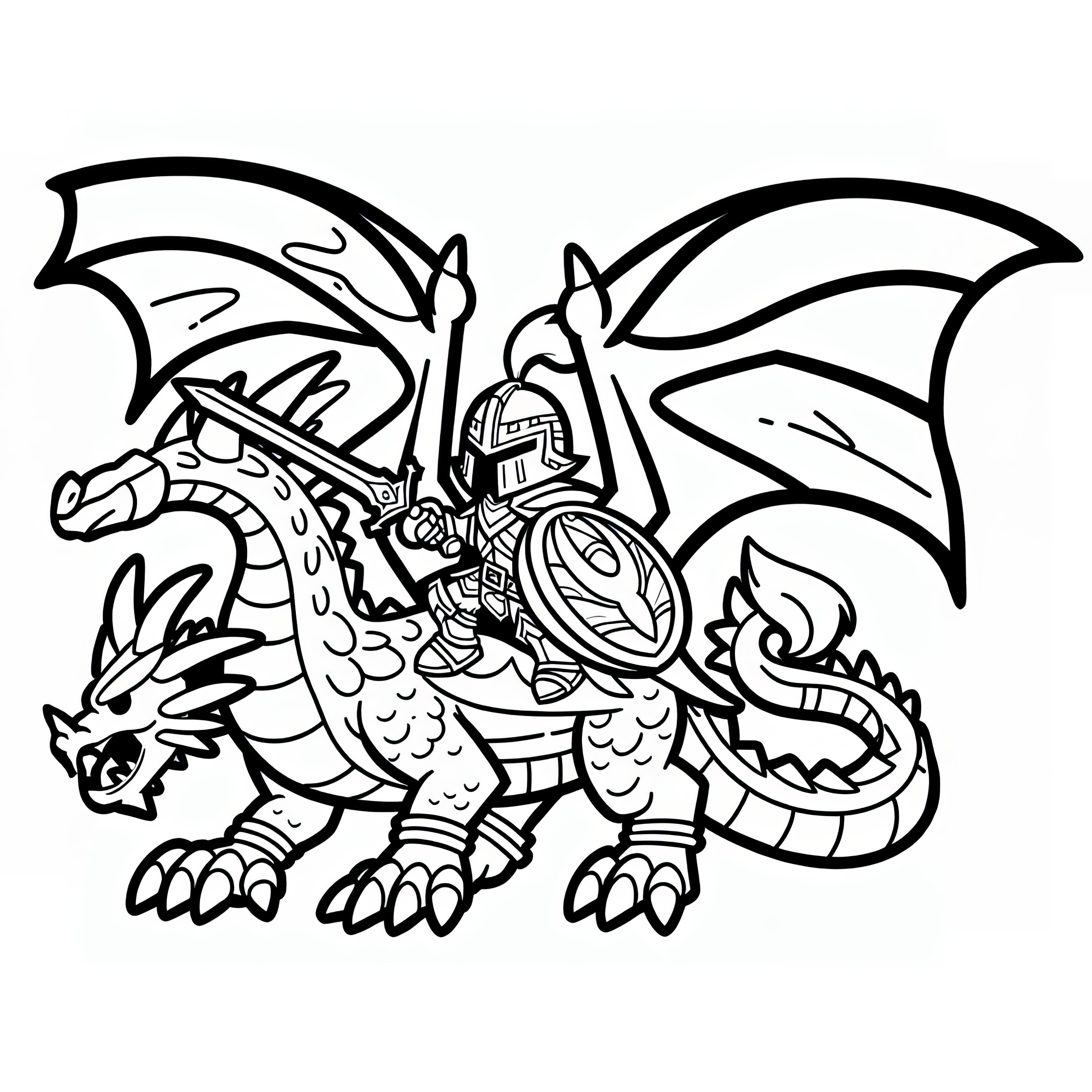 Grand dragon sur lequel un héros rit : Modèle de coloriage simple (gratuit)