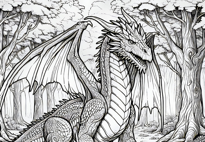 Big dragon in a forest: Free coloring picture