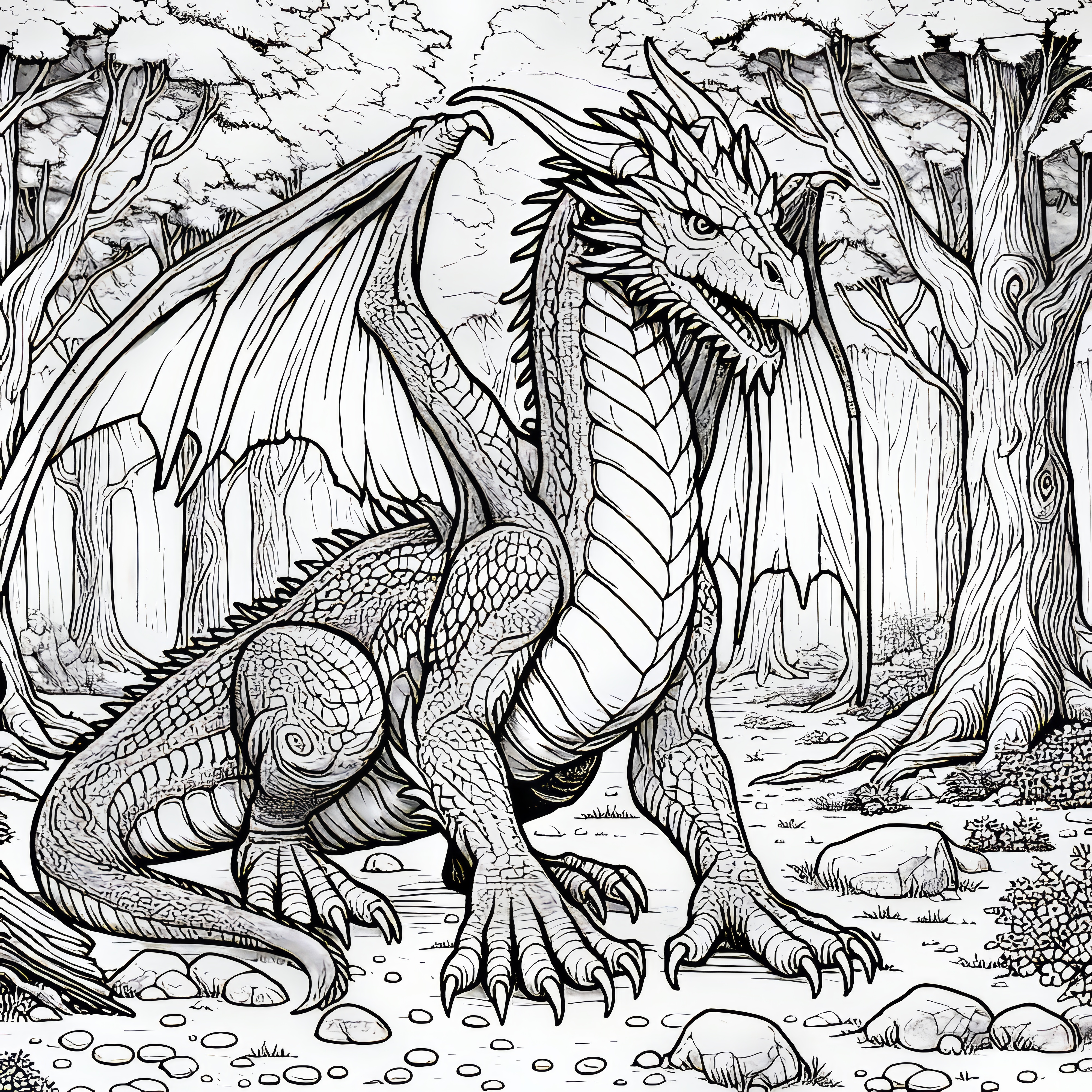 Big dragon in a forest: Free coloring picture