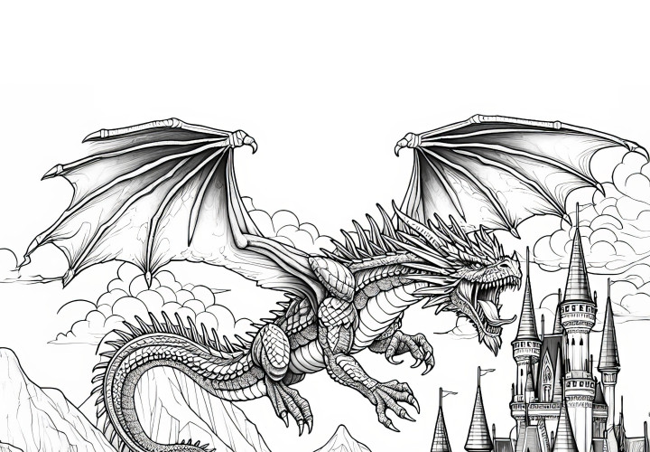 Impressive dragon over a castle: Realistic coloring page (Free)