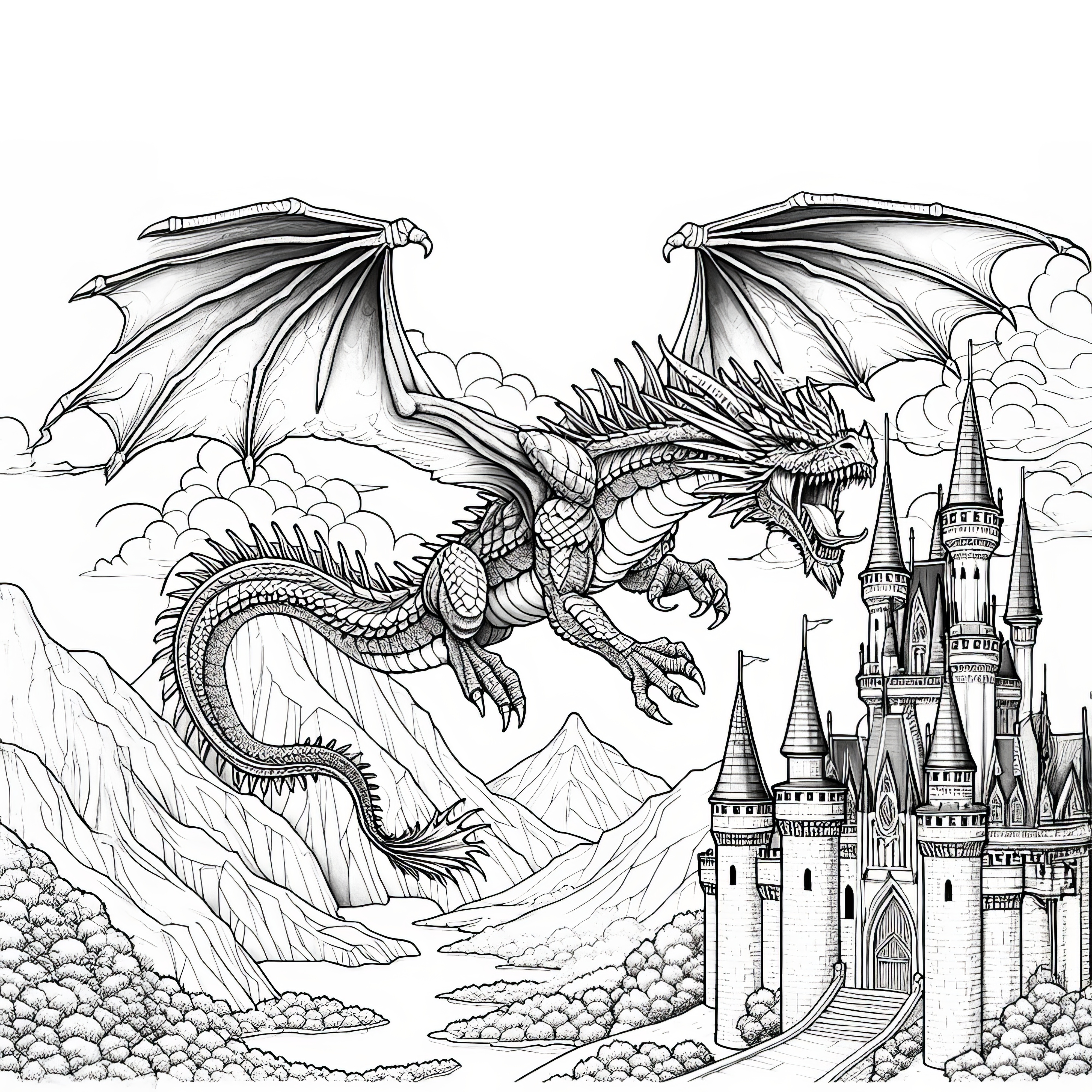 Impressive dragon over a castle: Realistic coloring page (Free)