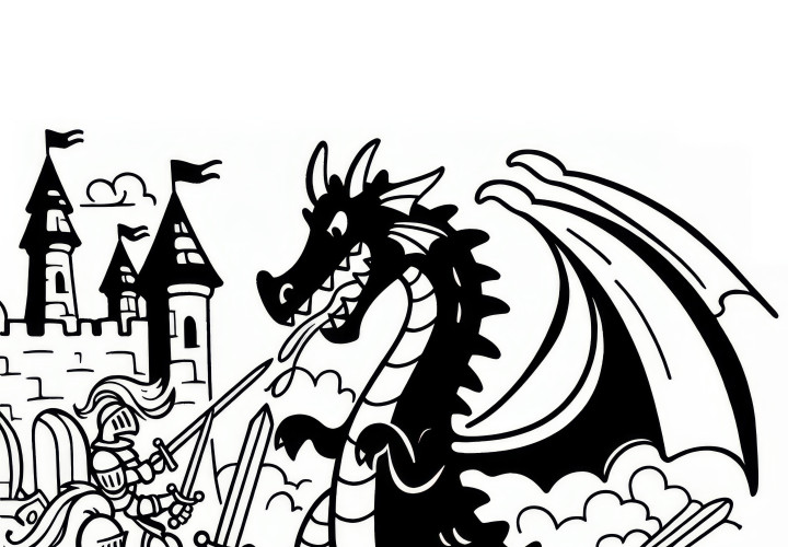 Dragon en combat avec des chevaliers: Coloriage simple (Gratuit)