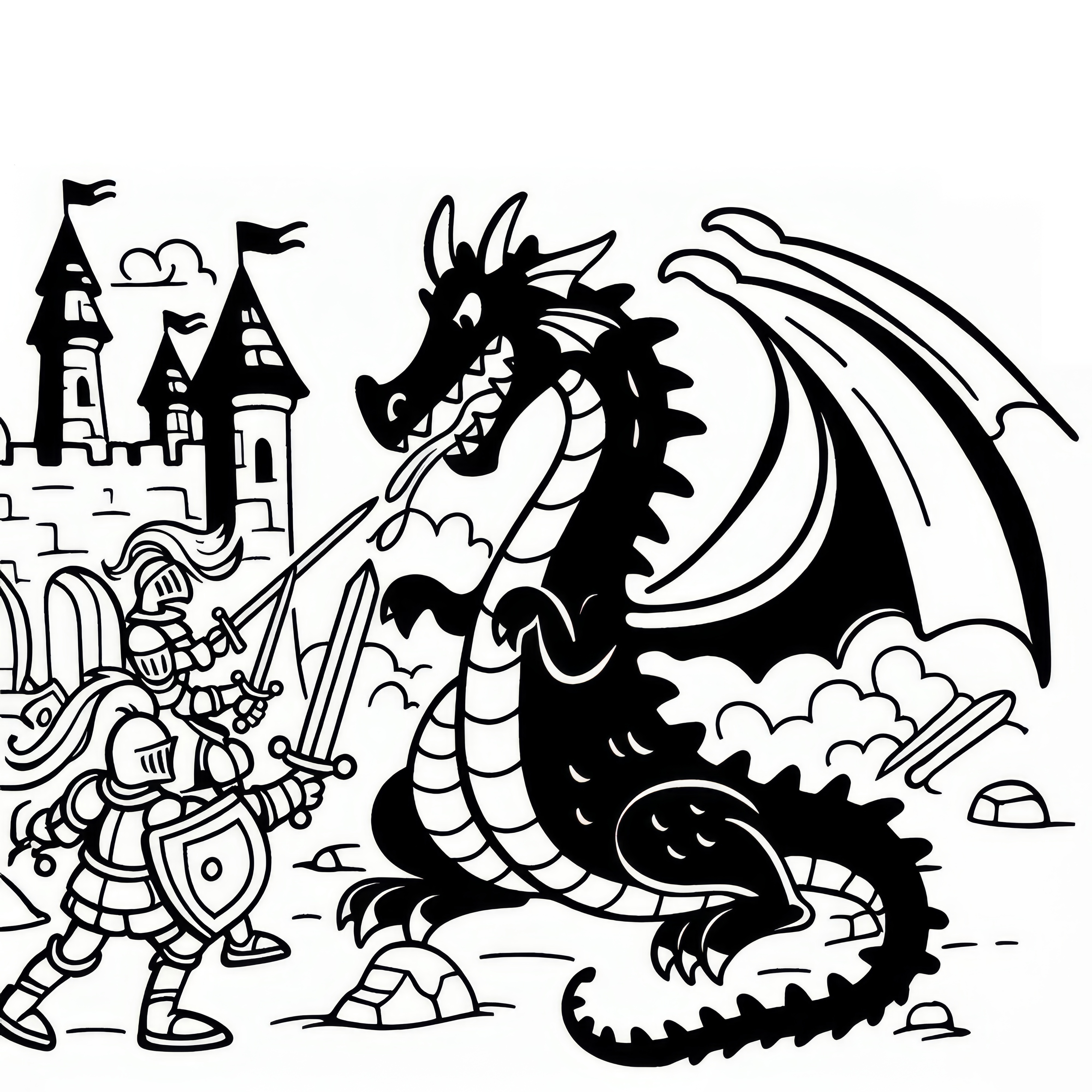 Dragon in battle with knights: Simple coloring picture (Free)