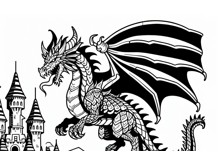 Puissant dragon sur château : Modèle de coloriage simple (gratuit)