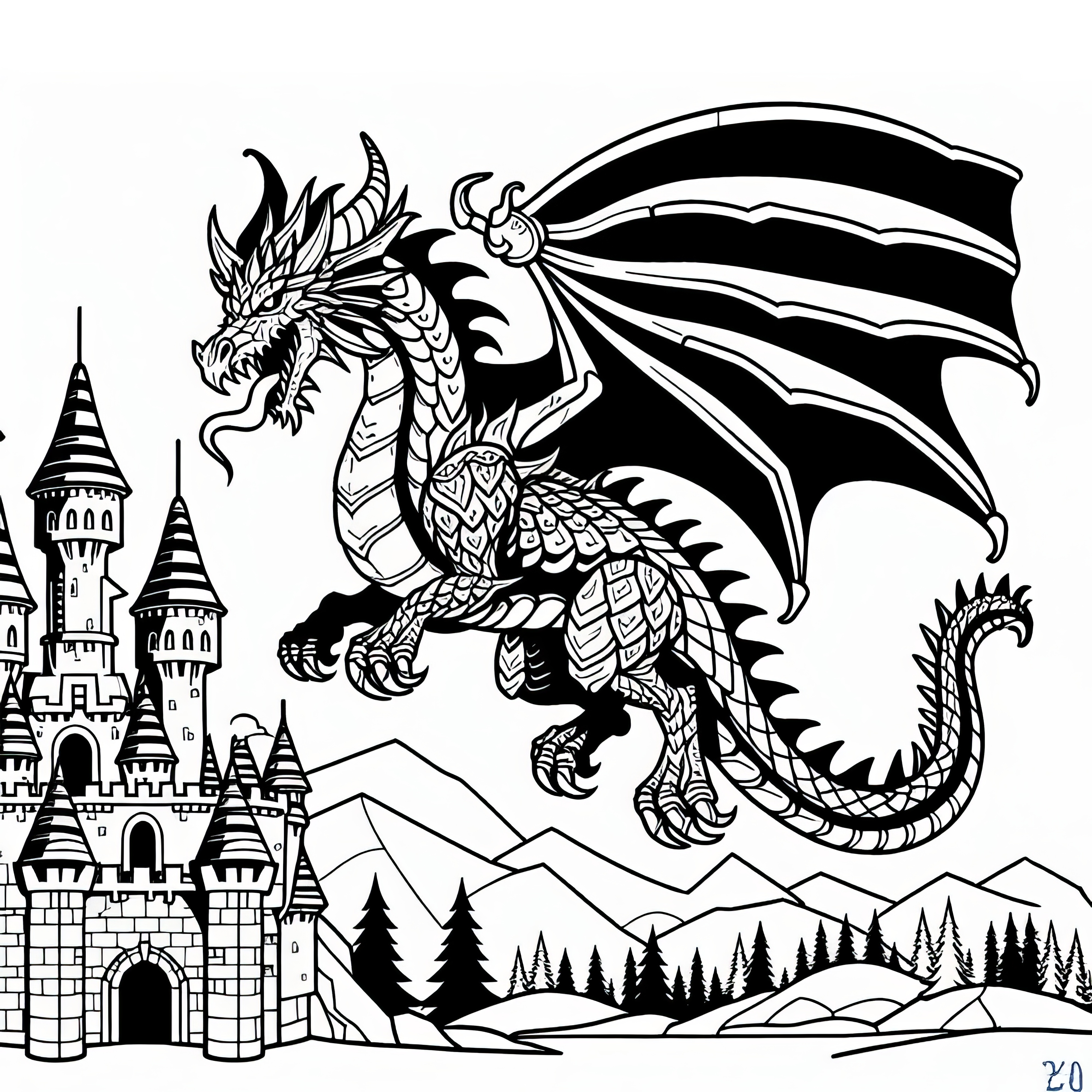 Mighty dragon above castle: Simple coloring page (Free)