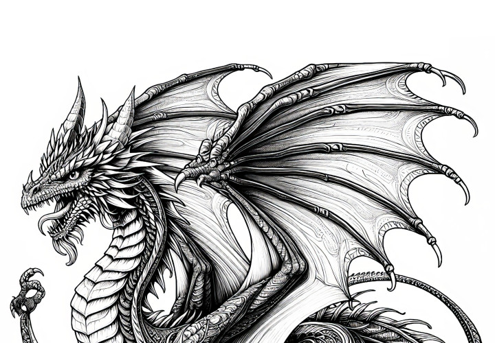 Grand dragon qui déploie ses ailes : coloriage à télécharger (gratuit)