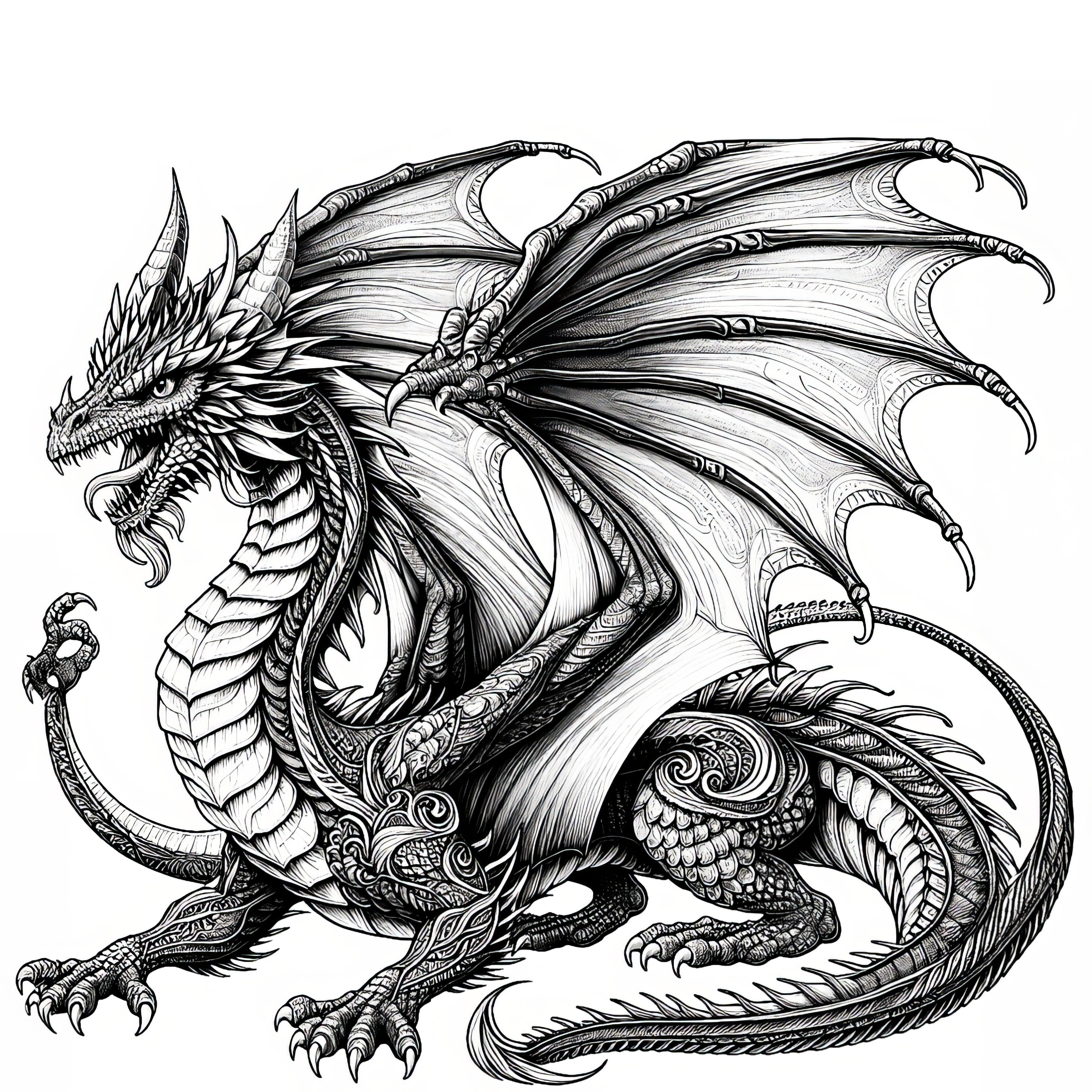 Great dragon spreading its wings: coloring page for download (free)