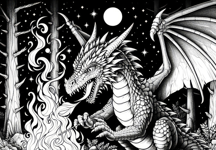 Dragon allume un feu de camp : Coloriage à télécharger (Gratuit)