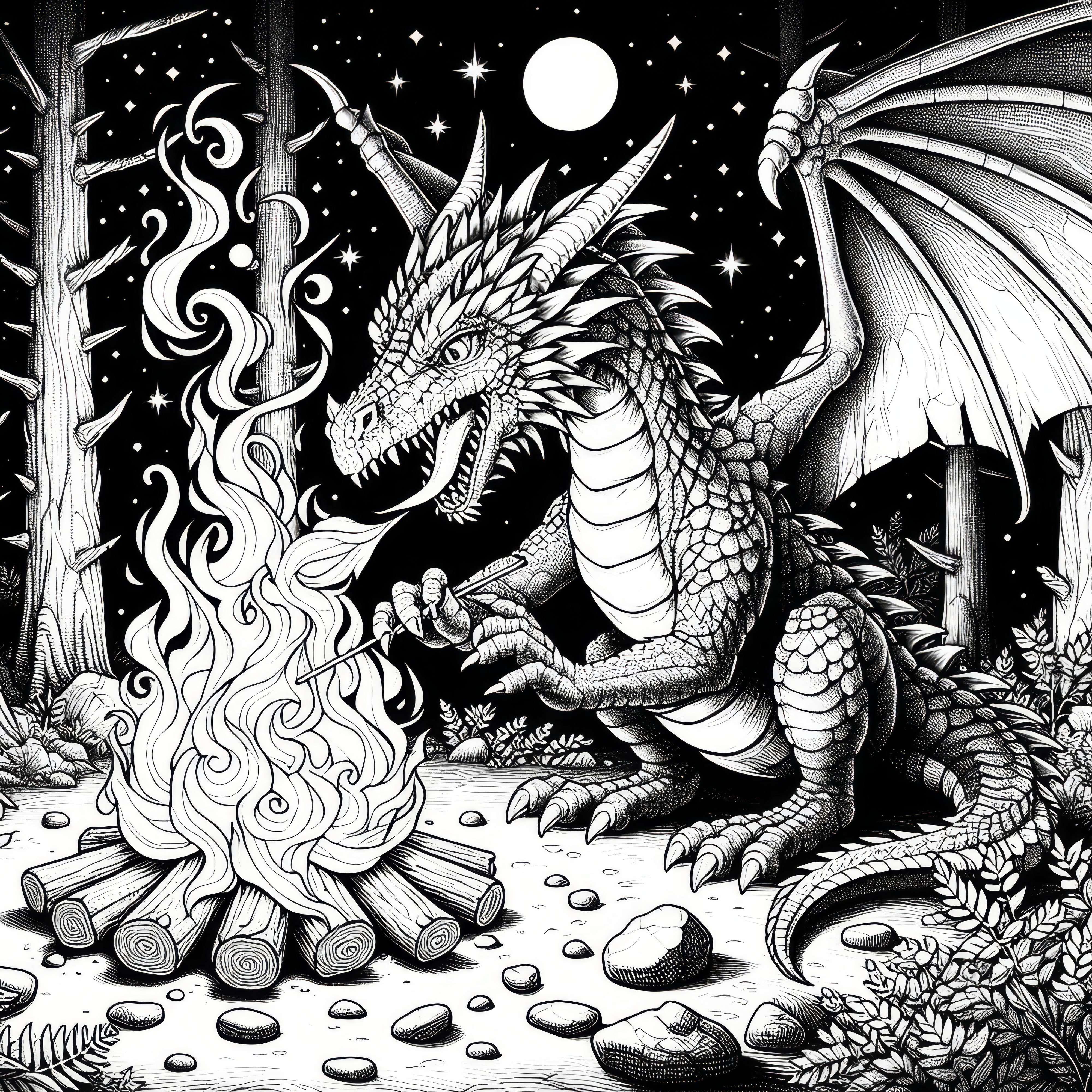 Dragon allume un feu de camp : coloriage à télécharger (Gratuit)