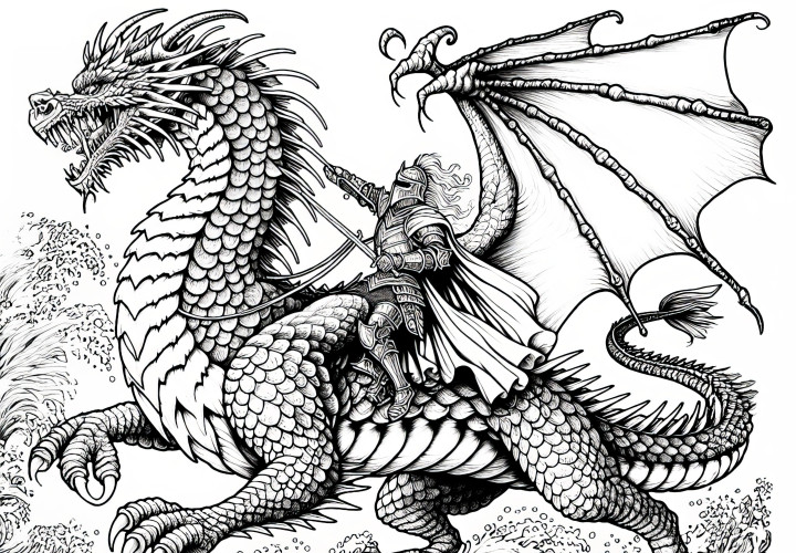 A hero is riding on a large dragon: Free coloring page