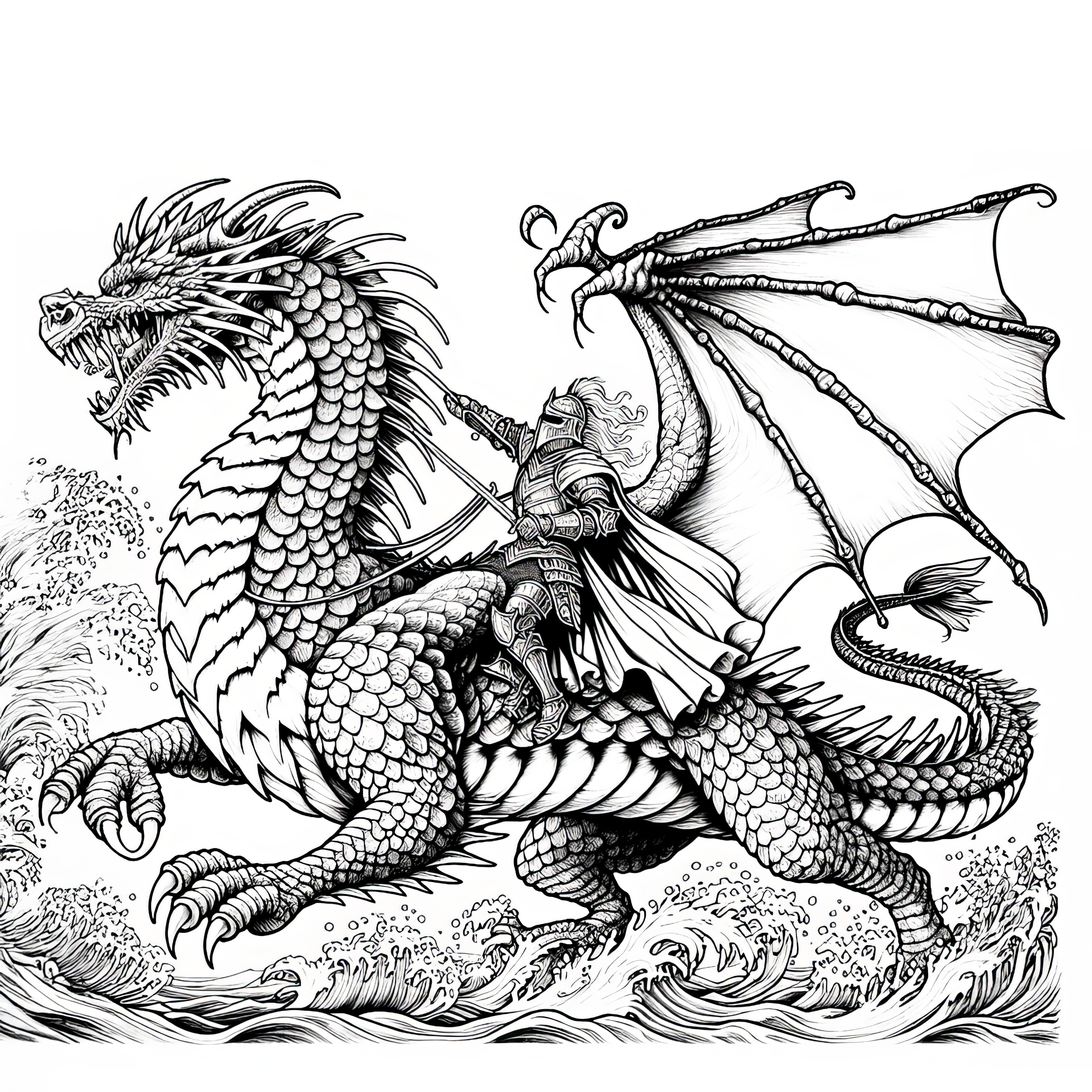 A hero rides on a big dragon: Free coloring page