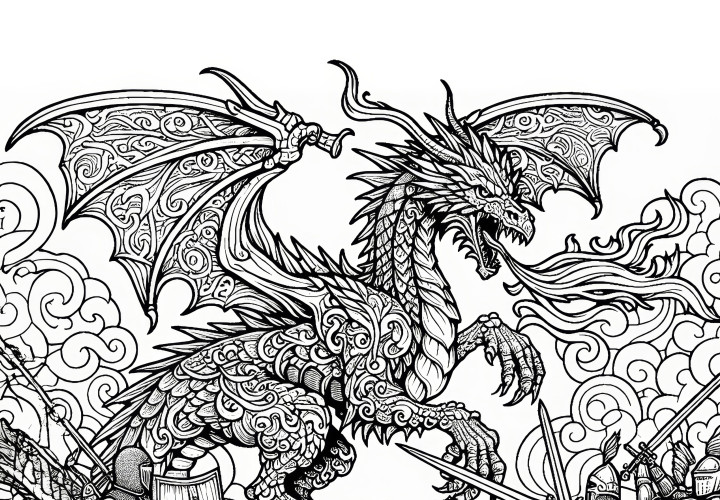 Dragon en combat avec des chevaliers : Beau modèle à colorier à télécharger (Gratuit)