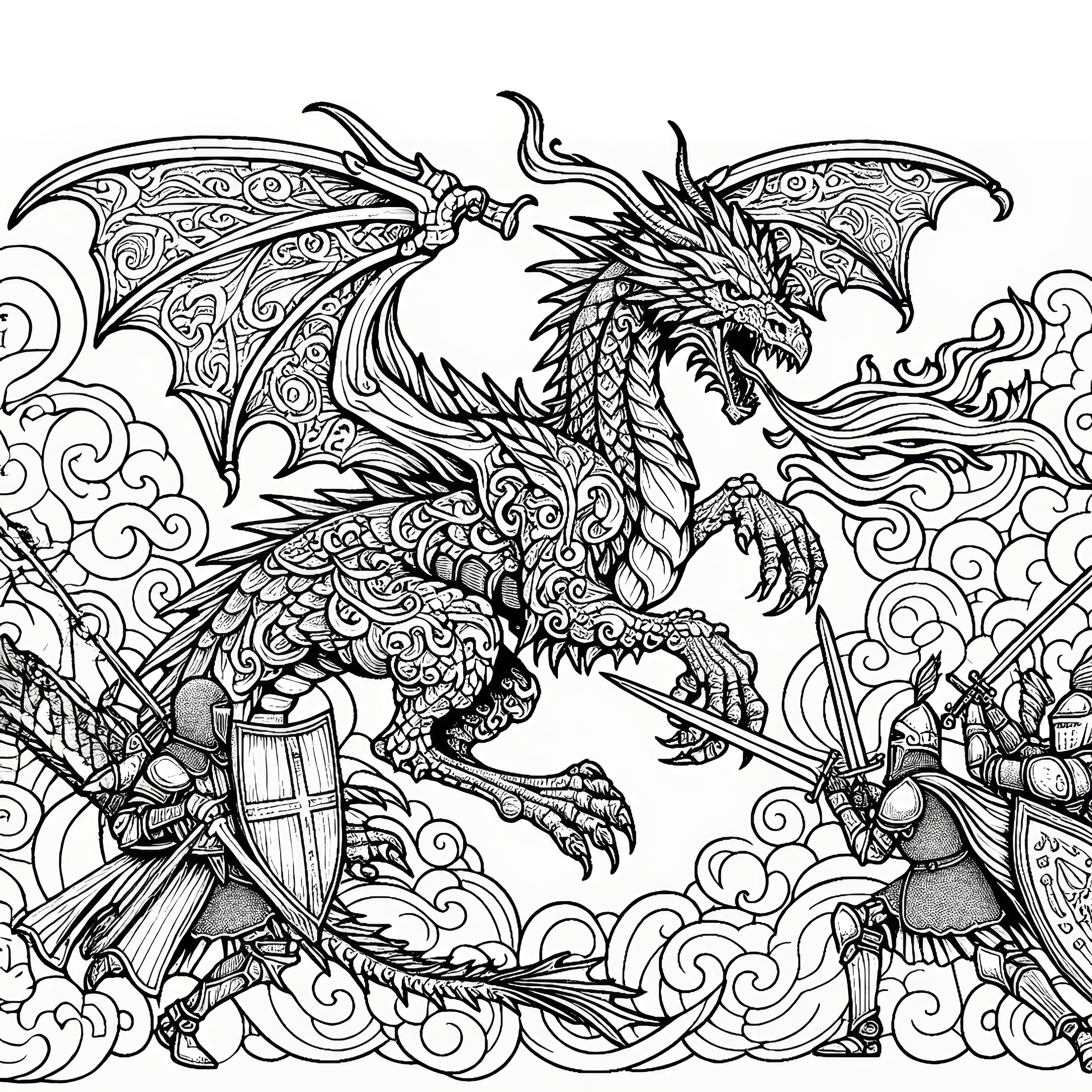 Dragon in battle with knights: Beautiful coloring template for download (Free)