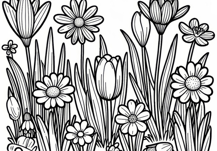 Flower meadow: daisies, tulips, daffodils, crocuses (coloring picture)