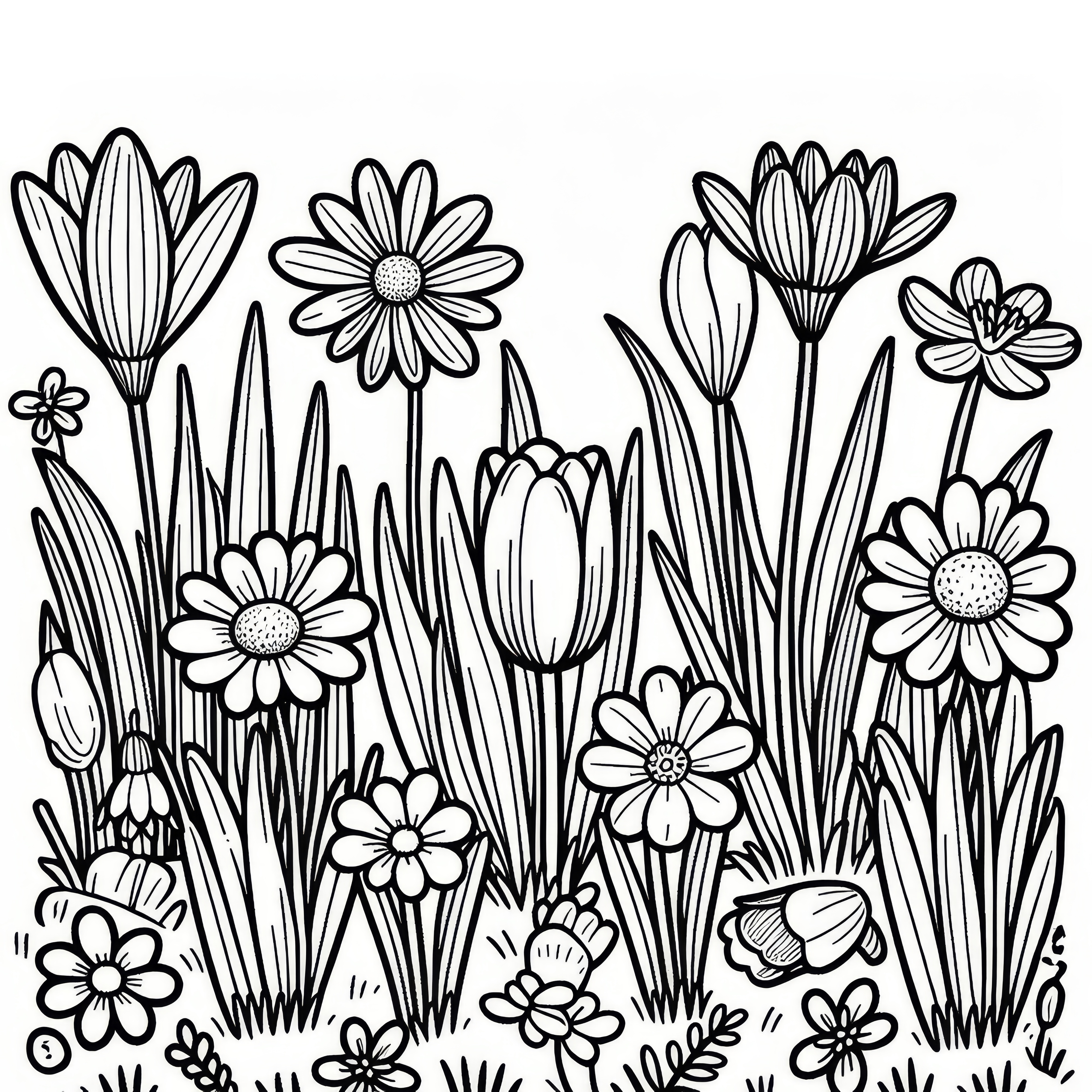 Flower meadow: Daisies, Tulips, Daffodils, Crocuses (coloring sheet)