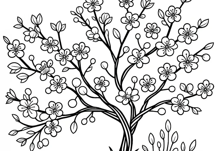 Blooming cherry tree in spring: free coloring picture