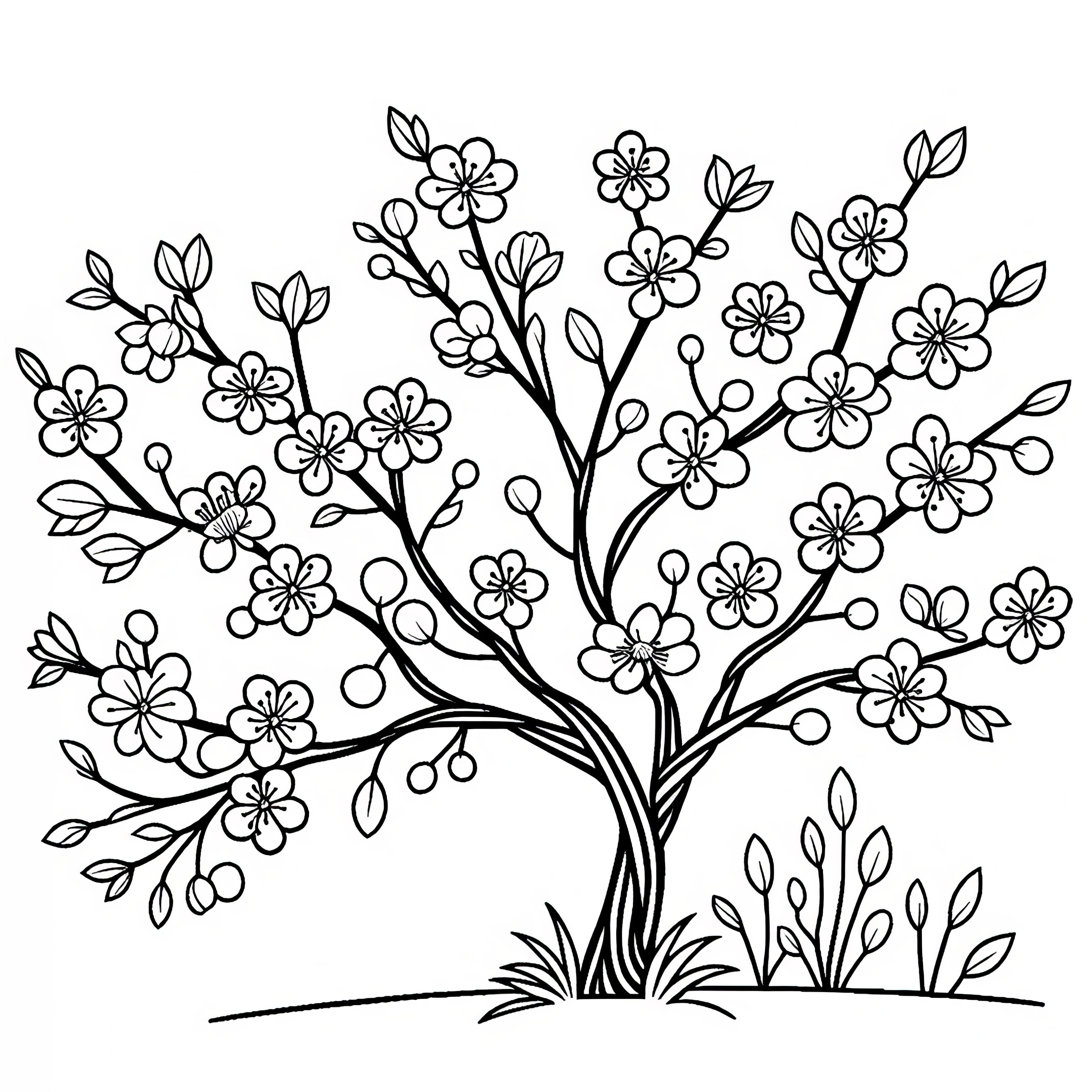 Blooming cherry tree in spring: free coloring picture