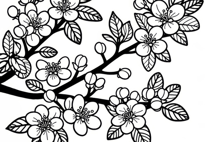 Blooming apple tree in spring: free coloring page