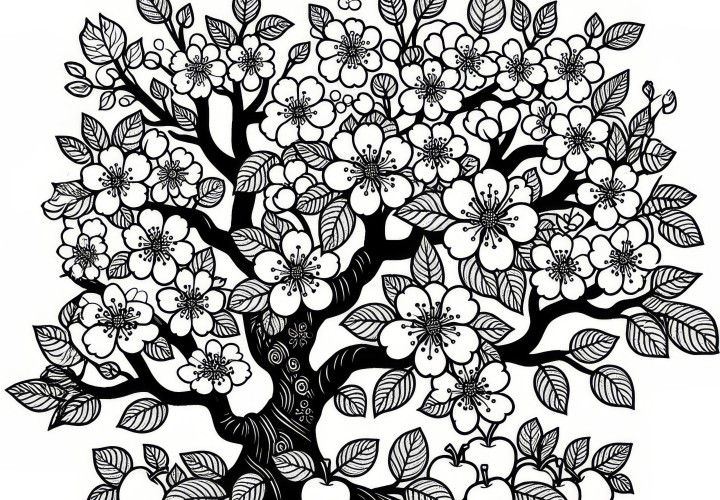 Blooming pear tree in spring: free coloring page