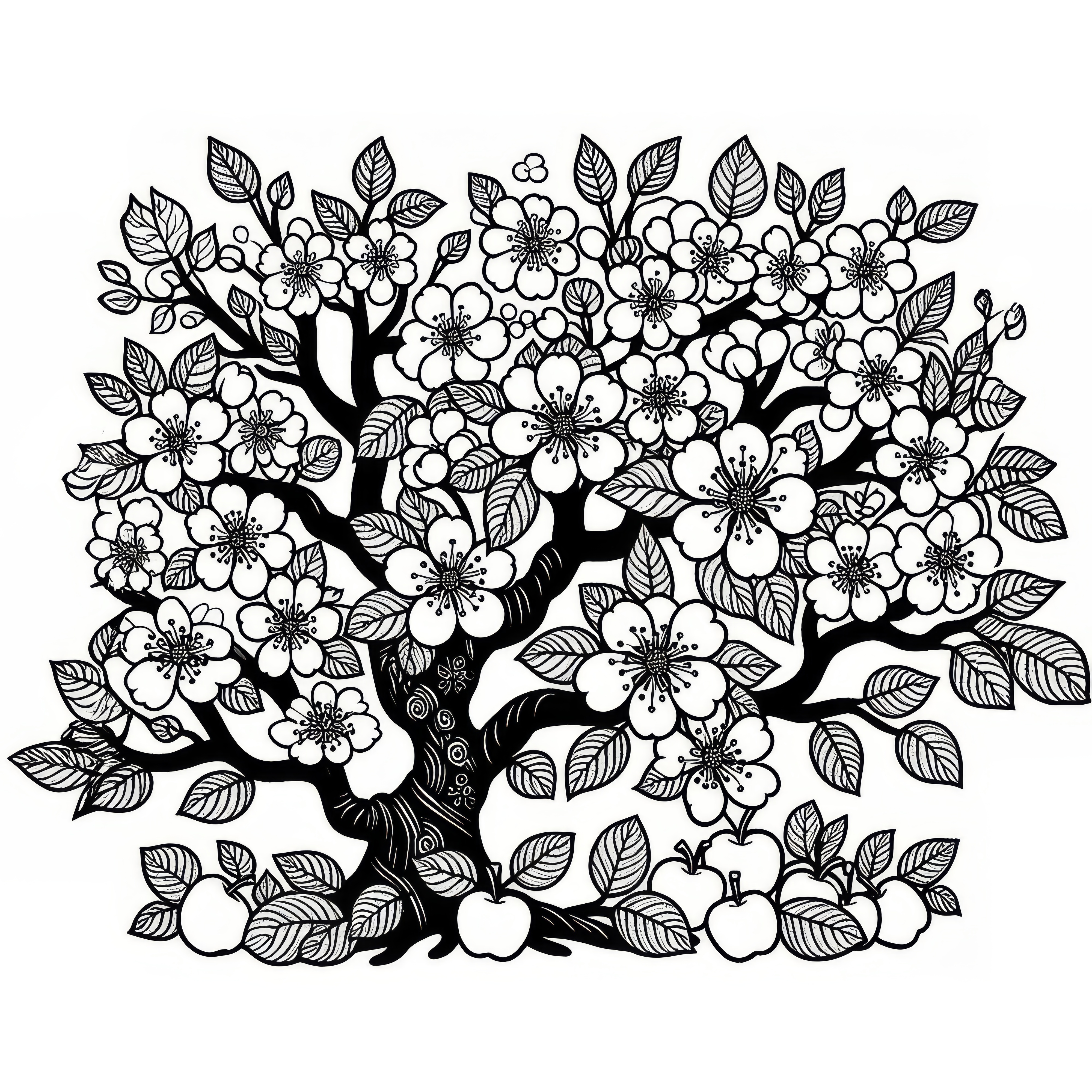 Blooming pear tree in spring: free coloring page