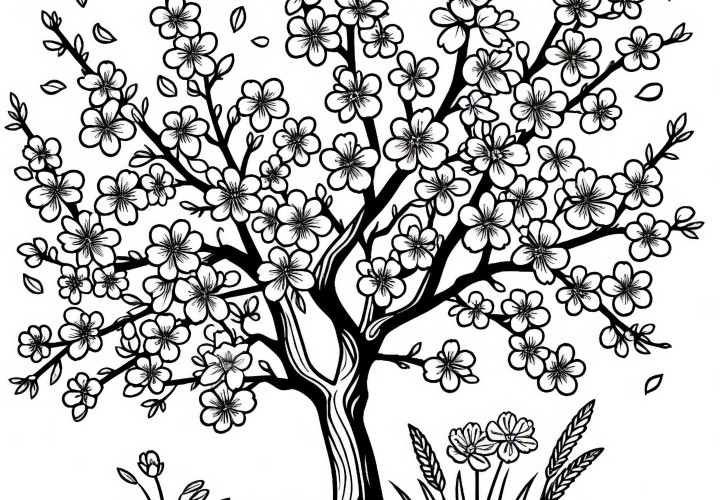 Blooming almond tree in spring: free coloring sheet