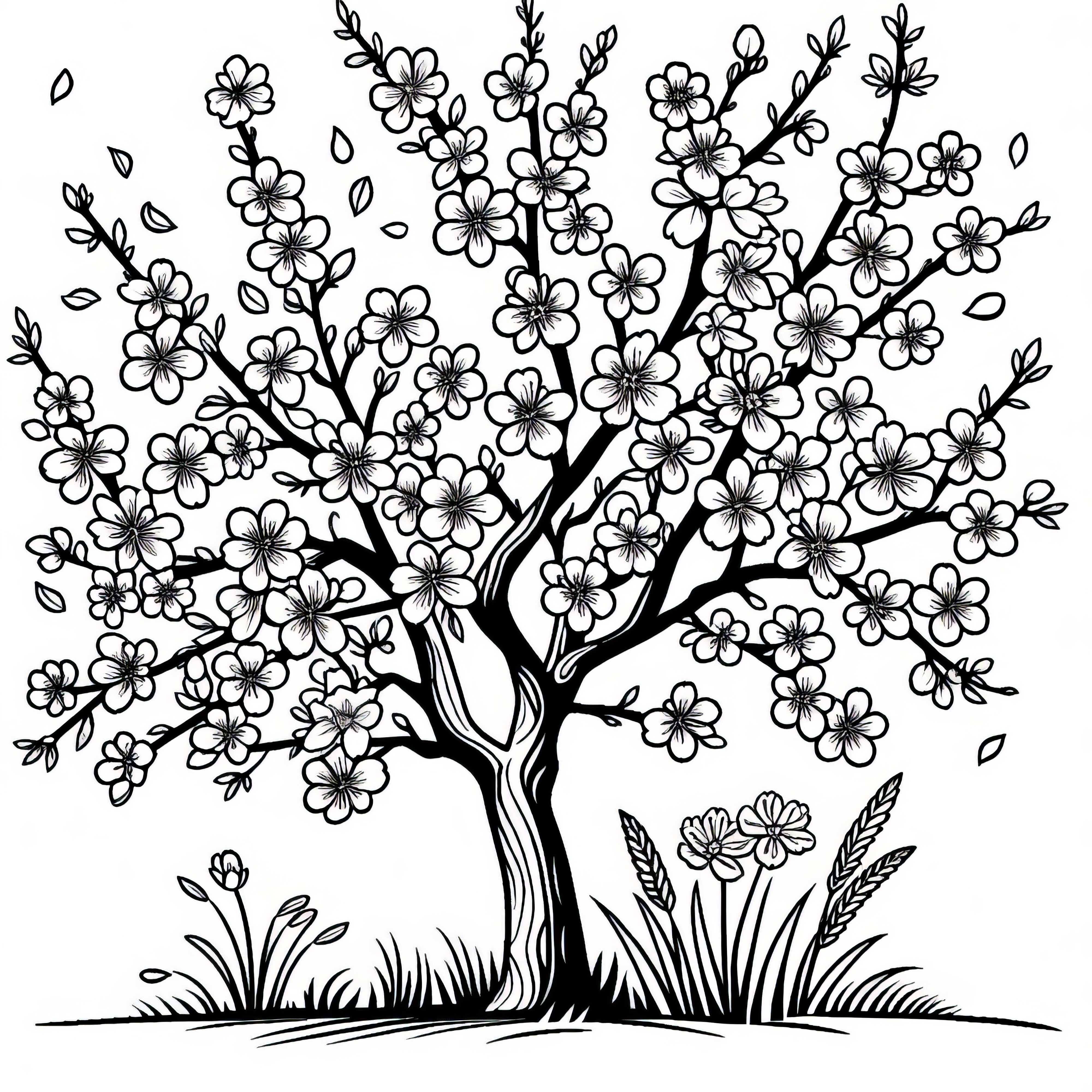 Blooming almond tree in spring: free coloring page